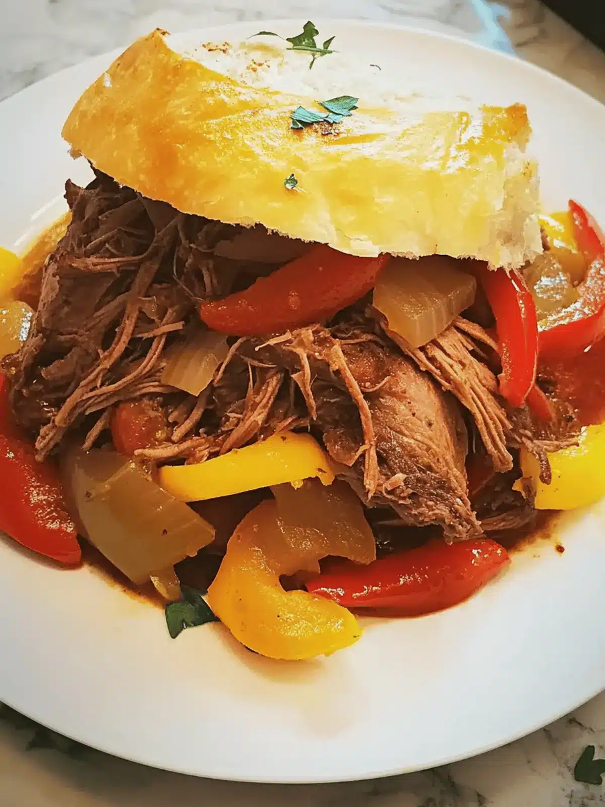 Slow Cooker Italian Chuck Roast with Peppers and Onions