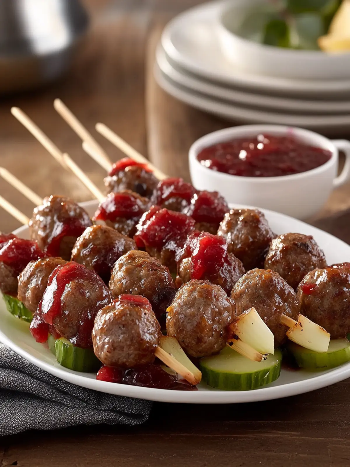 Holiday Mini Beef Meatball Skewers with Cranberry Barbecue Sauce