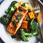 Savory Sesame Salmon with Sweet Potato Mash & Broccoli Bliss 4 Sesame salmon, purple sprouting broccoli & sweet potato mash