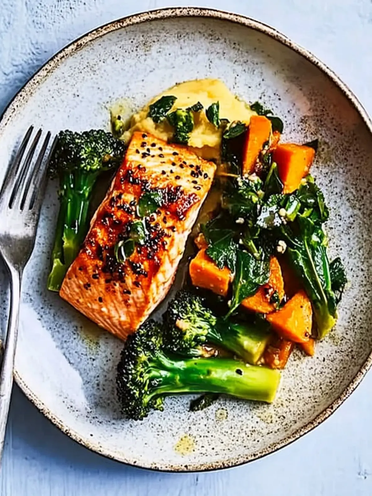 Savory Sesame Salmon with Sweet Potato Mash & Broccoli Bliss 3 Sesame salmon, purple sprouting broccoli & sweet potato mash
