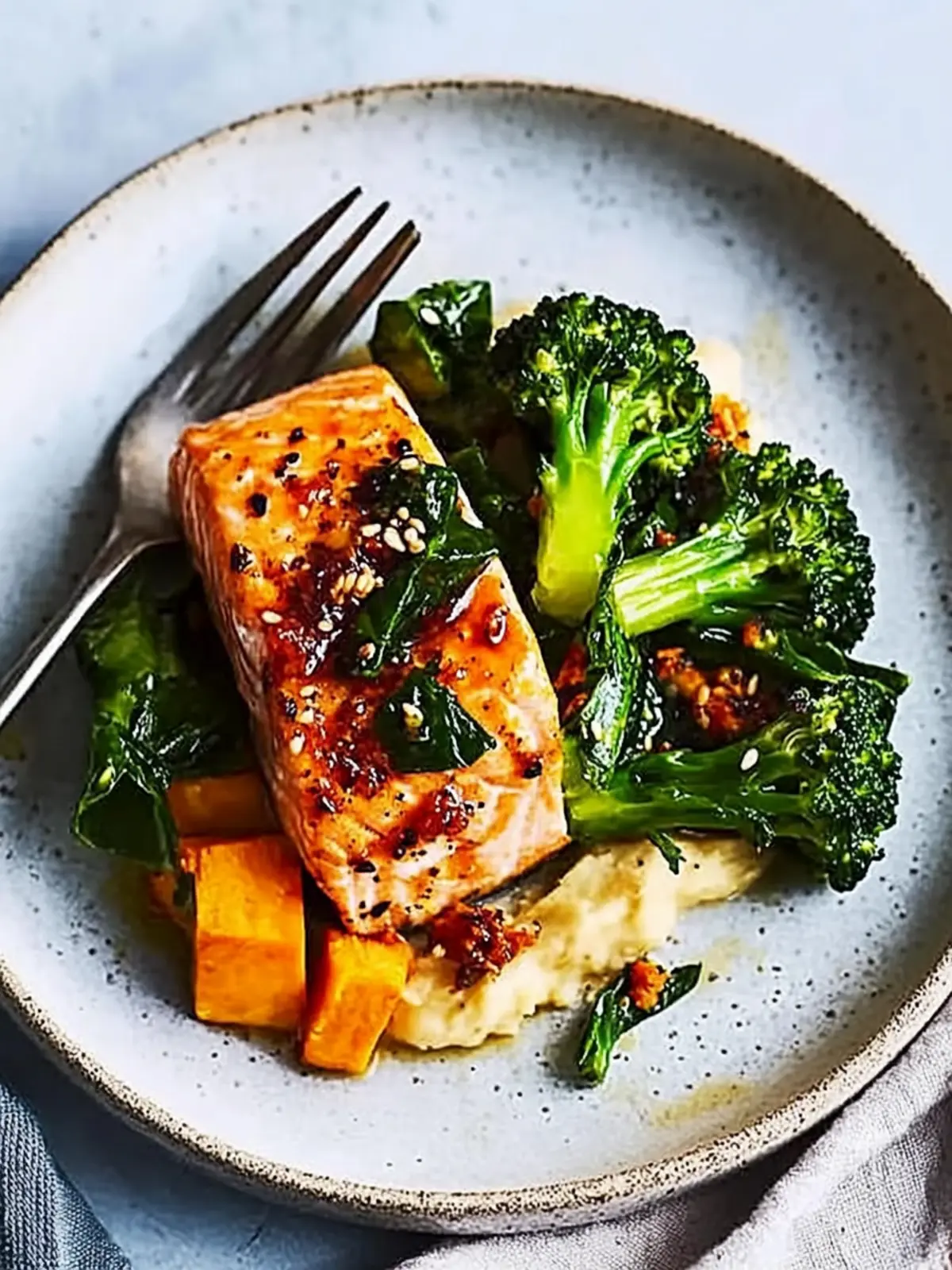 Savory Sesame Salmon with Sweet Potato Mash & Broccoli Bliss 2 Sesame salmon, purple sprouting broccoli & sweet potato mash
