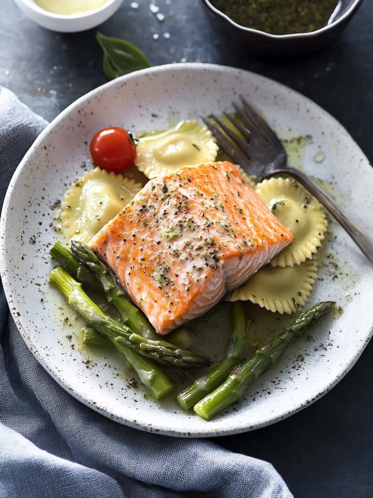 Elevate Dinner: Roasted Salmon with Asparagus Ravioli Delight 4 Roasted Salmon with Asparagus Ravioli