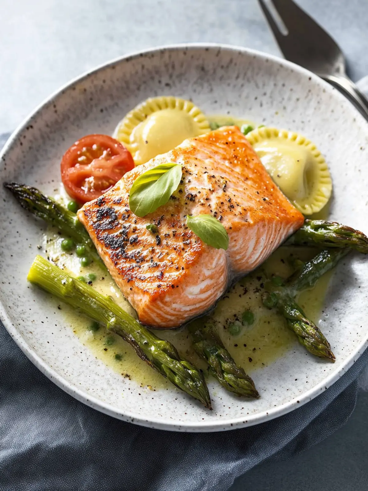 Elevate Dinner: Roasted Salmon with Asparagus Ravioli Delight 3 Roasted Salmon with Asparagus Ravioli