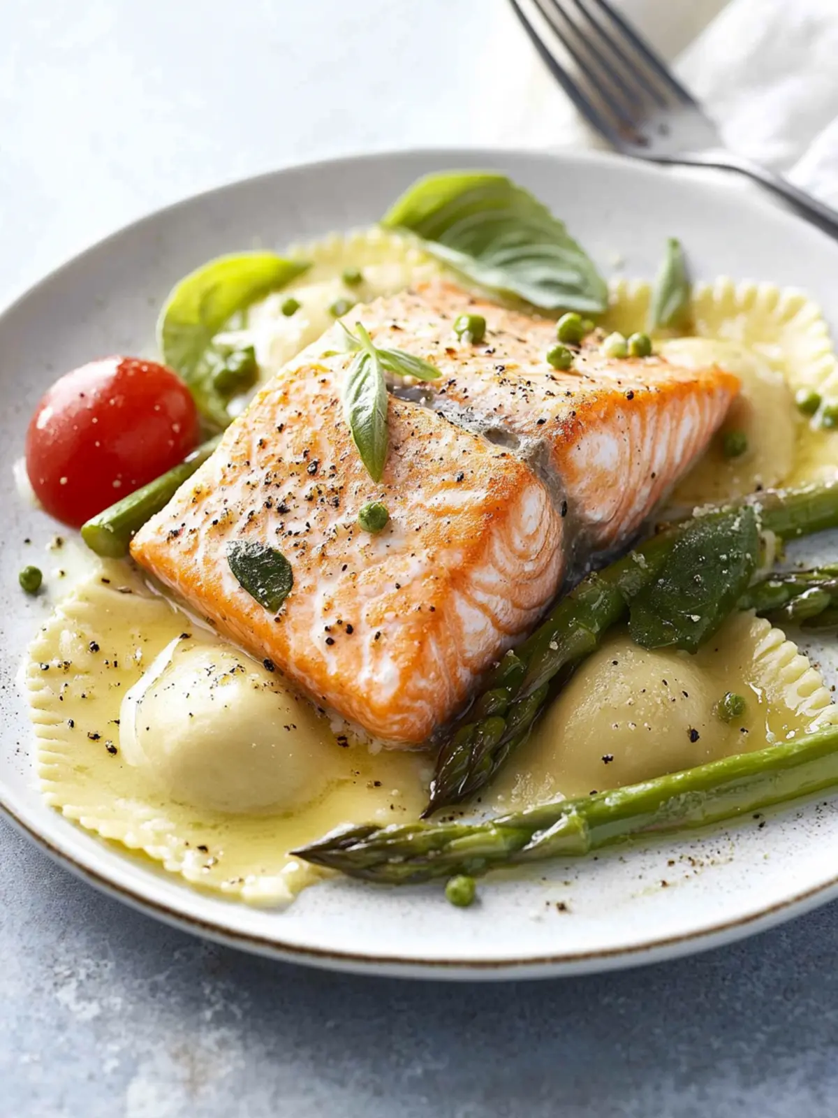 Elevate Dinner: Roasted Salmon with Asparagus Ravioli Delight 2 Roasted Salmon with Asparagus Ravioli