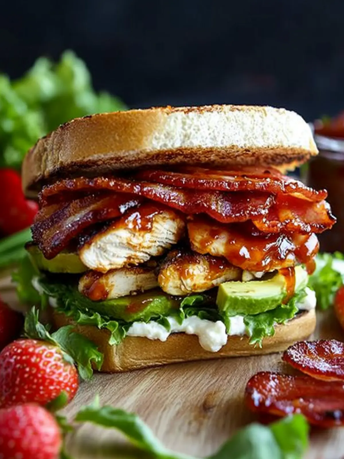 Strawberry BBQ Chicken Club Sandwich with Bacon, Avocado Bliss 2 Strawberry BBQ Chicken Club Sandwich with Bacon, Avocado and Goat Cheese