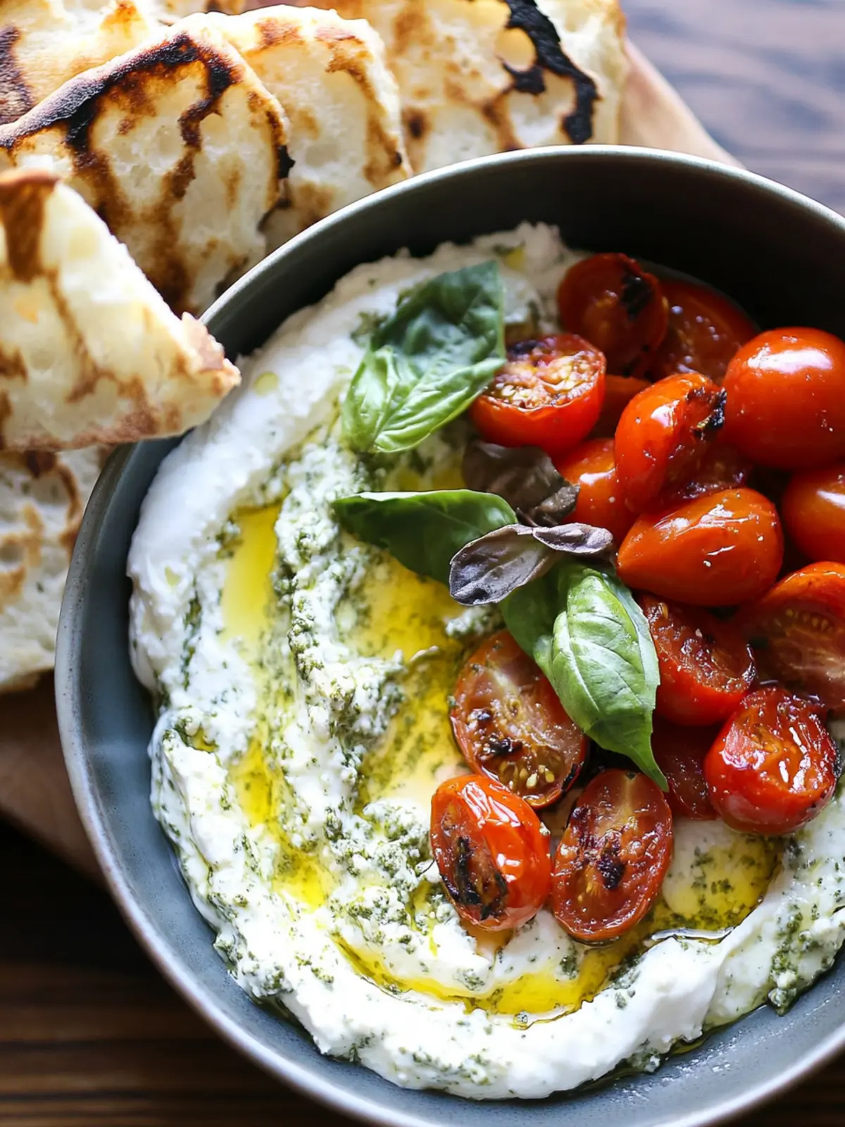 Delicious Burrata Pesto Dip with Yogurt & Roasted Tomatoes 3 Burrata Pesto Dip with Yogurt + Roasted Tomatoes