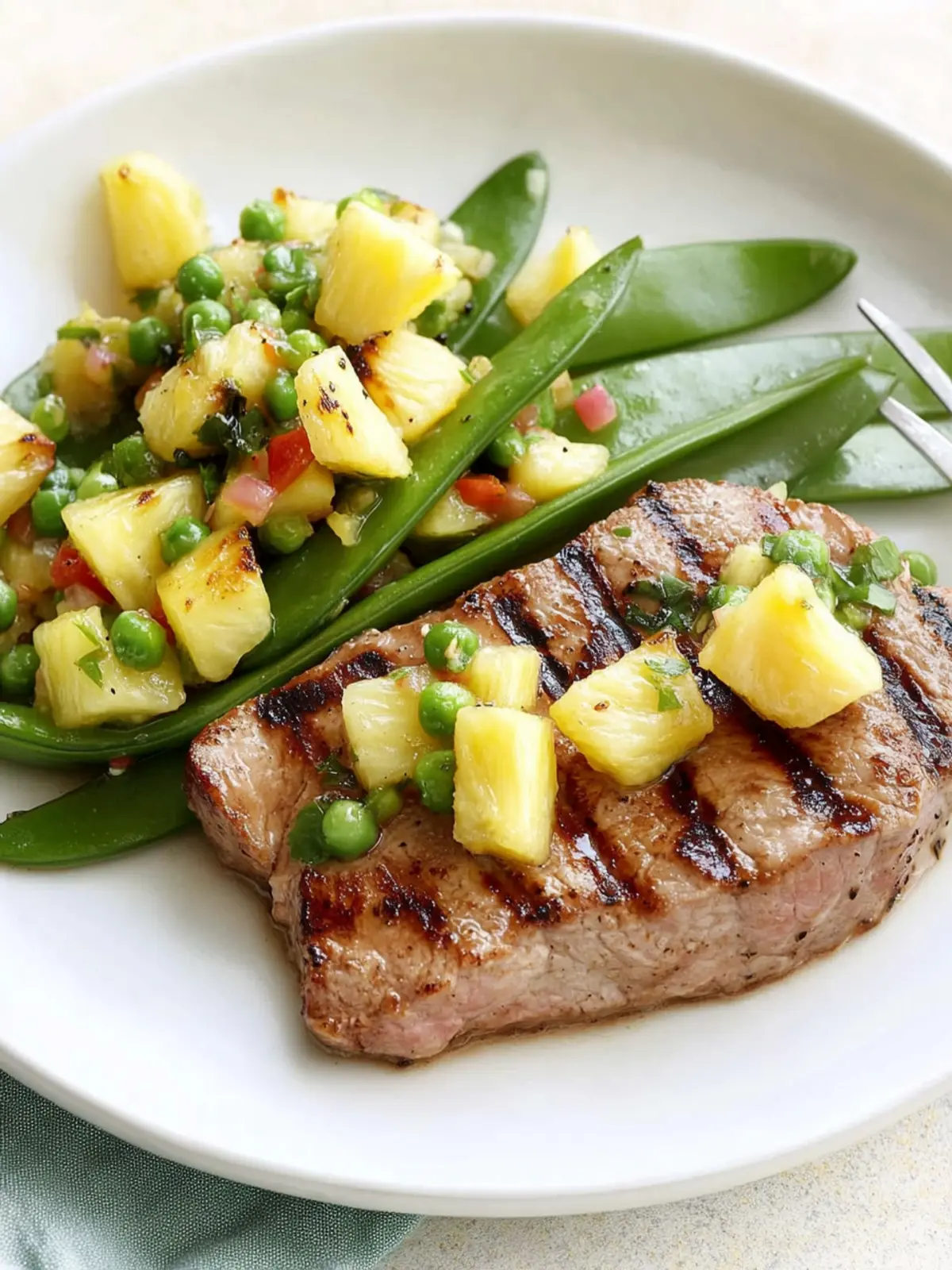 Savor Juicy Pork Steak with Pineapple Salsa & Snow Pea Salad 4 Pork steak with pineapple salsa & snow pea salad