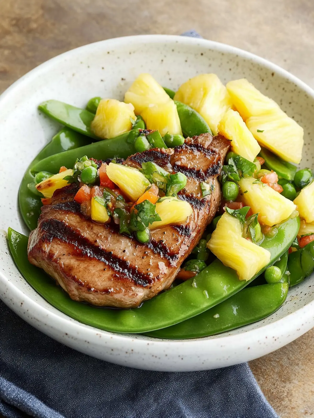 Savor Juicy Pork Steak with Pineapple Salsa & Snow Pea Salad 2 Pork steak with pineapple salsa & snow pea salad