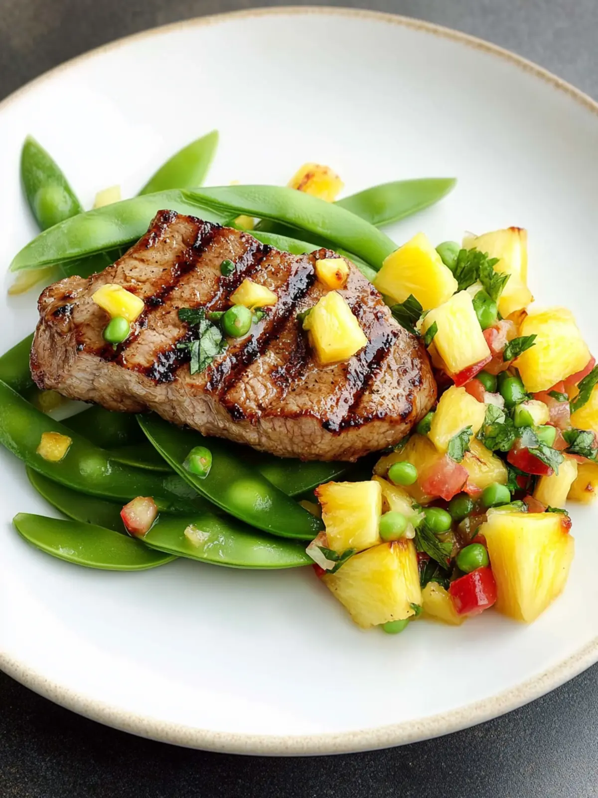 Savor Juicy Pork Steak with Pineapple Salsa & Snow Pea Salad 3 Pork steak with pineapple salsa & snow pea salad
