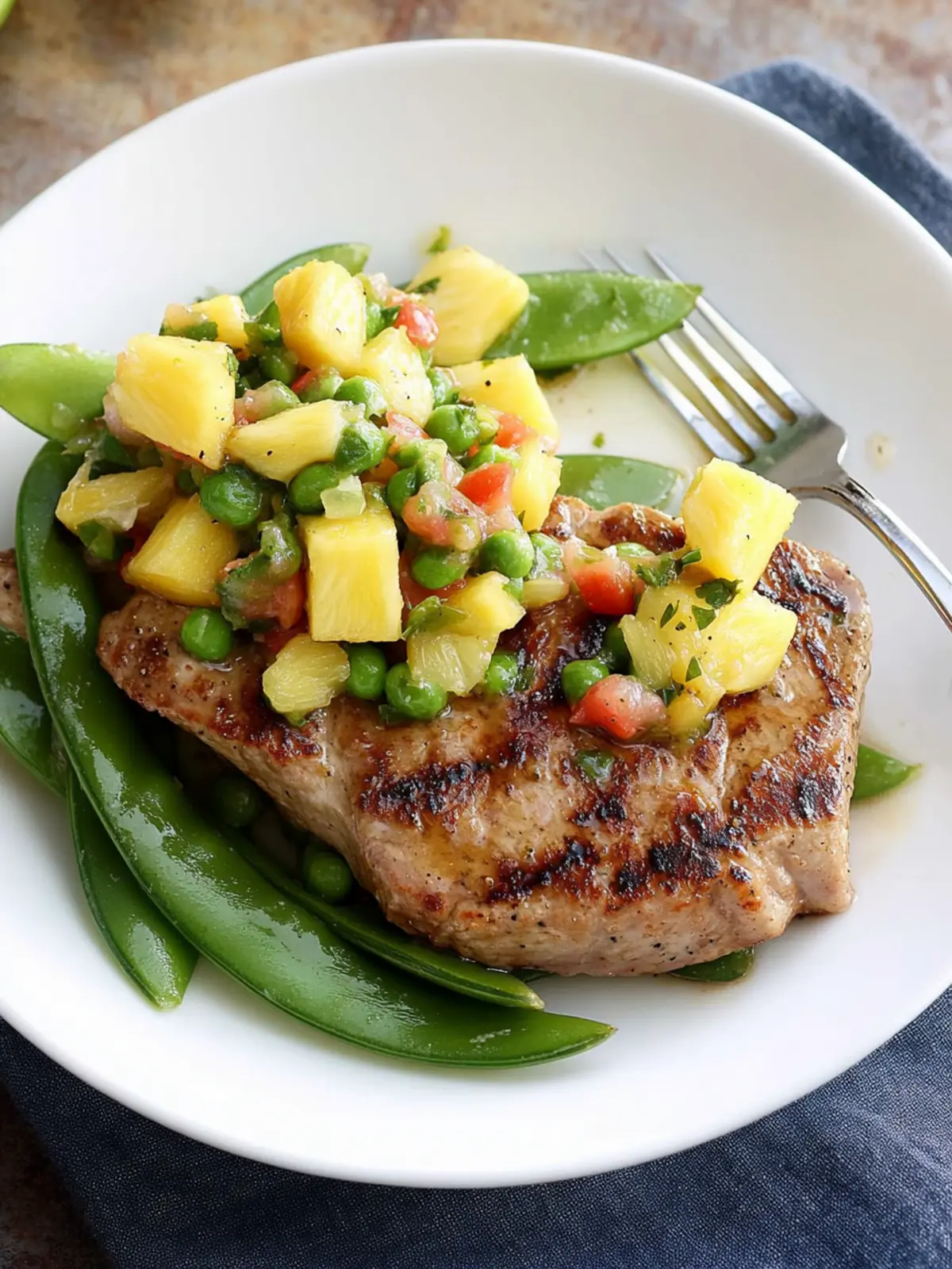 Savor Juicy Pork Steak with Pineapple Salsa & Snow Pea Salad 5 Pork steak with pineapple salsa & snow pea salad