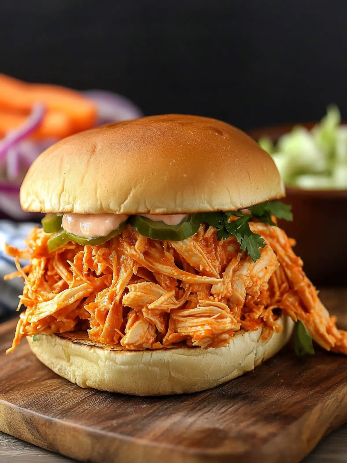 No Cook Shredded Buffalo Chicken Sandwich in 15 Minutes! 4 No Cook Shredded Buffalo Chicken Sandwich (with rotisserie chicken)