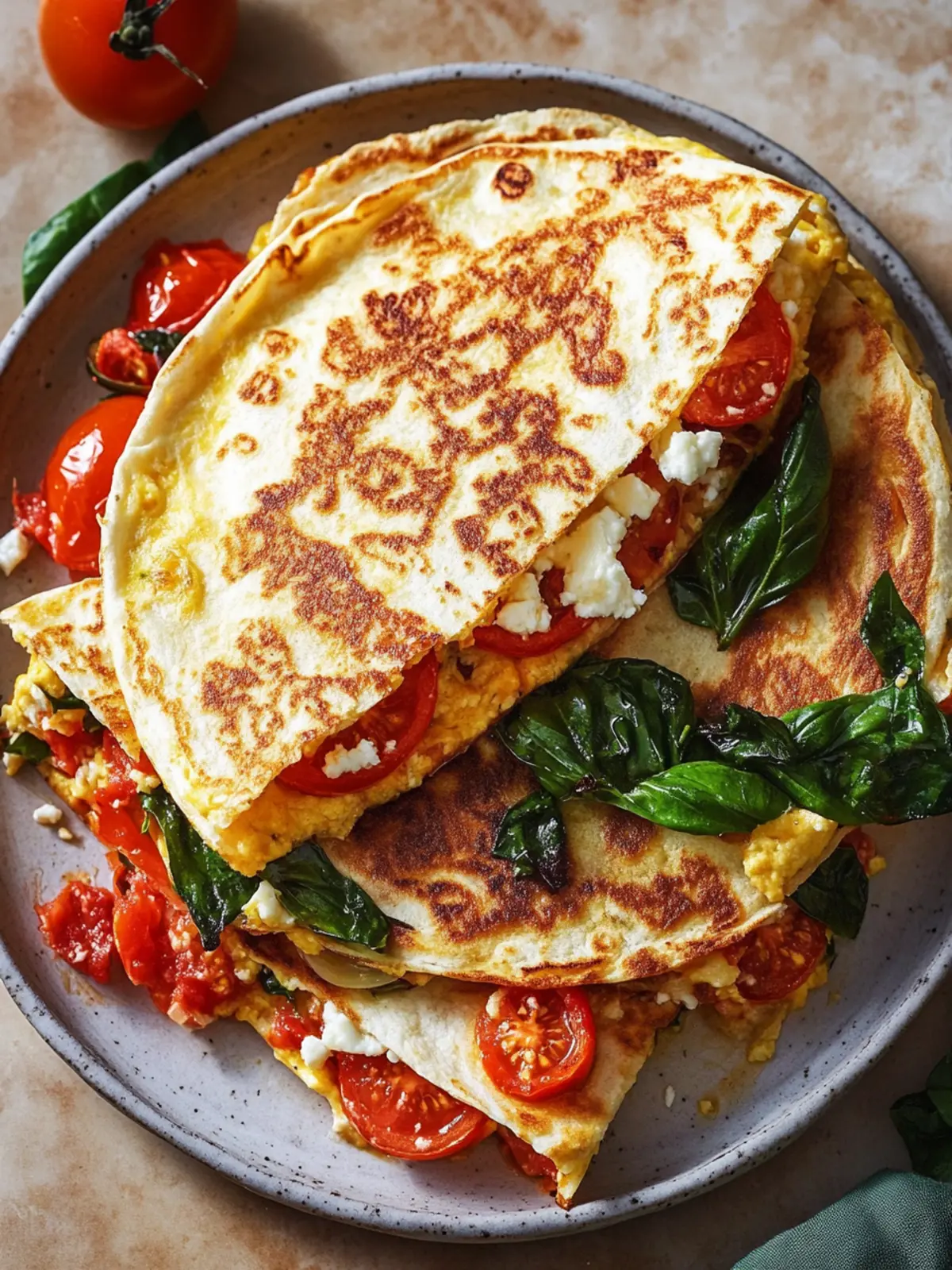 Tomato, Basil, Feta Omelet Quesadilla for Epic Breakfast Vibes 2 Tomato, Basil, Feta Omelet Quesadilla